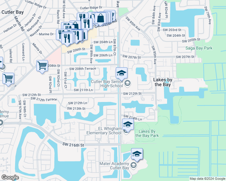 map of restaurants, bars, coffee shops, grocery stores, and more near 8721 Southwest 212th Terrace in Cutler Bay
