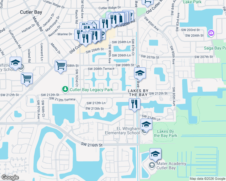 map of restaurants, bars, coffee shops, grocery stores, and more near 8888 Southwest 211th Lane in Cutler Bay
