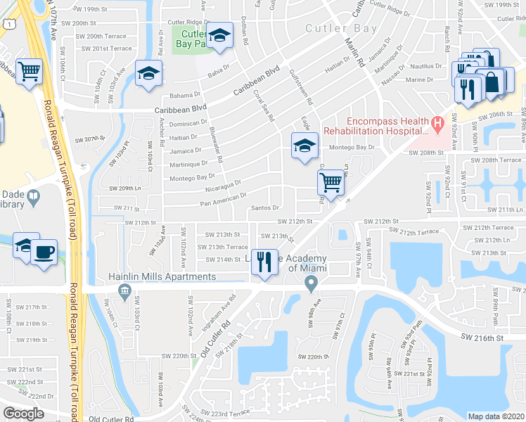 map of restaurants, bars, coffee shops, grocery stores, and more near 9901 Southwest 212th Street in Cutler Bay