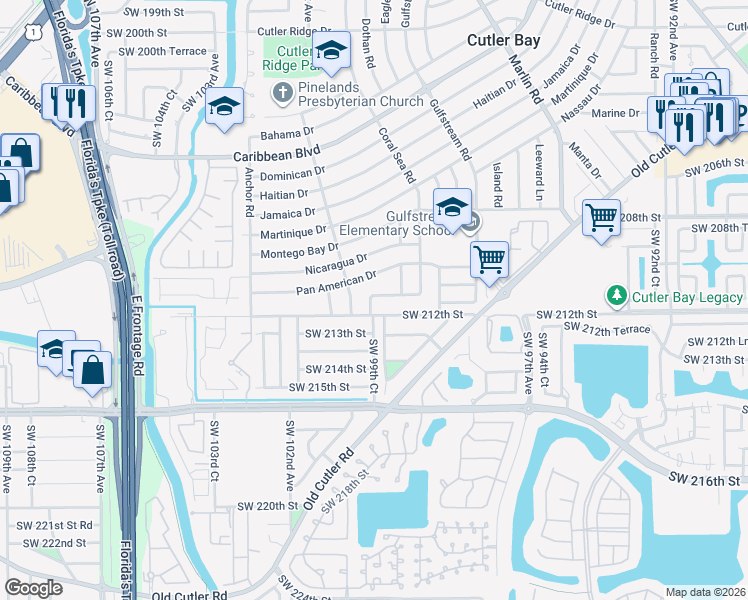 map of restaurants, bars, coffee shops, grocery stores, and more near 9901 Southwest 212th Street in Cutler Bay