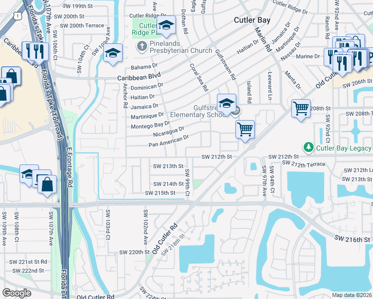 map of restaurants, bars, coffee shops, grocery stores, and more near 9901 Southwest 212th Street in Cutler Bay