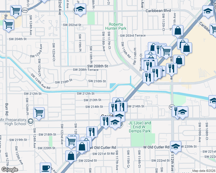 map of restaurants, bars, coffee shops, grocery stores, and more near 21049 Southwest 118th Avenue in Miami