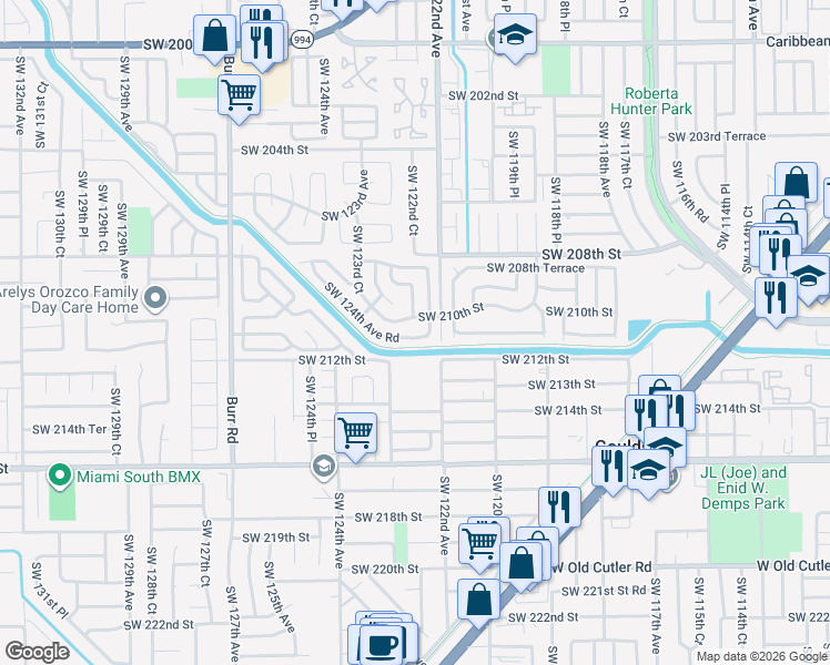 map of restaurants, bars, coffee shops, grocery stores, and more near 21094 Southwest 124th Avenue Road in Miami