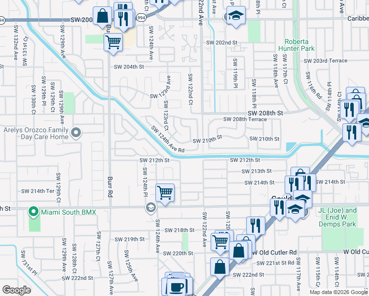 map of restaurants, bars, coffee shops, grocery stores, and more near 21038 Southwest 124th Avenue Road in Miami