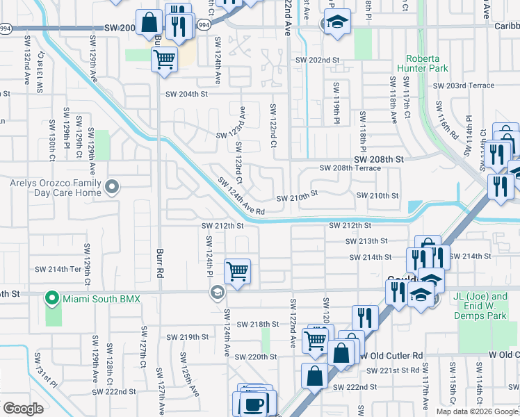 map of restaurants, bars, coffee shops, grocery stores, and more near 21038 Southwest 124th Avenue Road in Miami