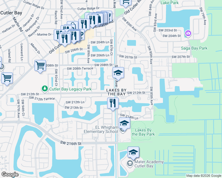 map of restaurants, bars, coffee shops, grocery stores, and more near 8721 Southwest 212th Terrace in Cutler Bay