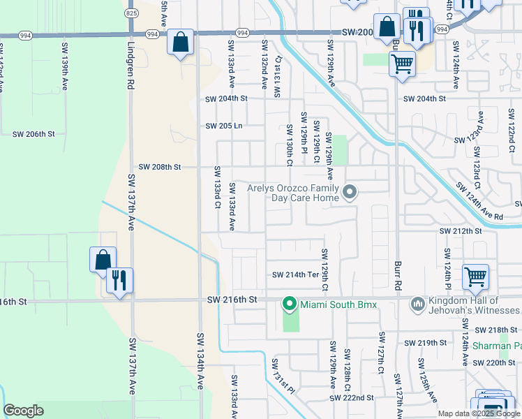 map of restaurants, bars, coffee shops, grocery stores, and more near 21101 Southwest 132nd Court in Miami