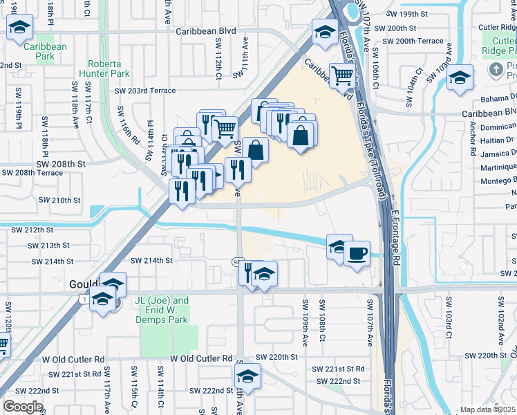 map of restaurants, bars, coffee shops, grocery stores, and more near 11190 Southwest 211 Street in Cutler Bay