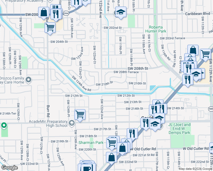 map of restaurants, bars, coffee shops, grocery stores, and more near 12066 Southwest 210th Terrace in Miami