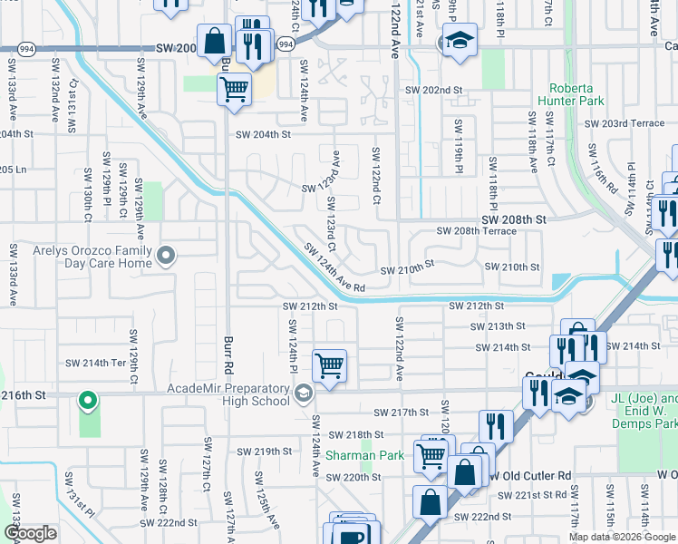 map of restaurants, bars, coffee shops, grocery stores, and more near 20962 Southwest 123rd Avenue in Miami