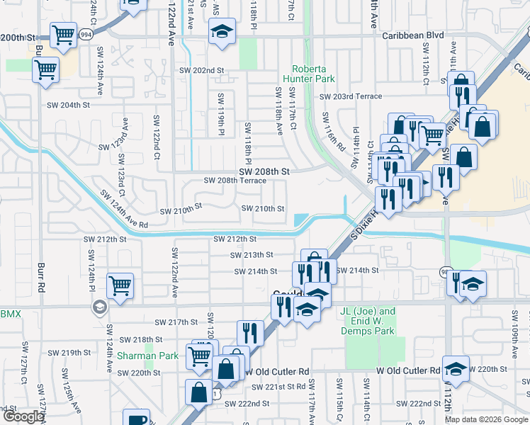 map of restaurants, bars, coffee shops, grocery stores, and more near 20929 Southwest 118th Place in Miami