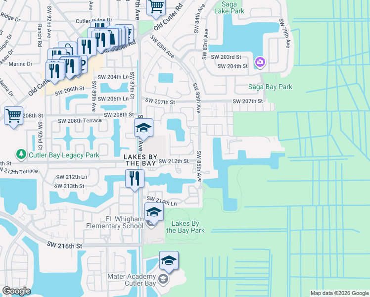 map of restaurants, bars, coffee shops, grocery stores, and more near 8551 Southwest 210th Terrace in Cutler Bay