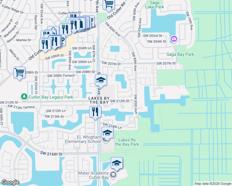map of restaurants, bars, coffee shops, grocery stores, and more near 8601 Southwest 212th Street in Cutler Bay