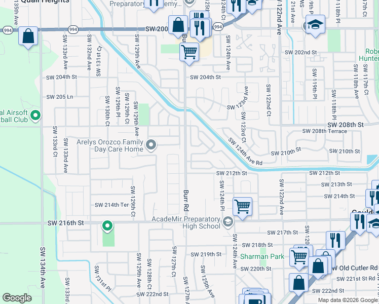 map of restaurants, bars, coffee shops, grocery stores, and more near 20973 Southwest 127th Court in Miami
