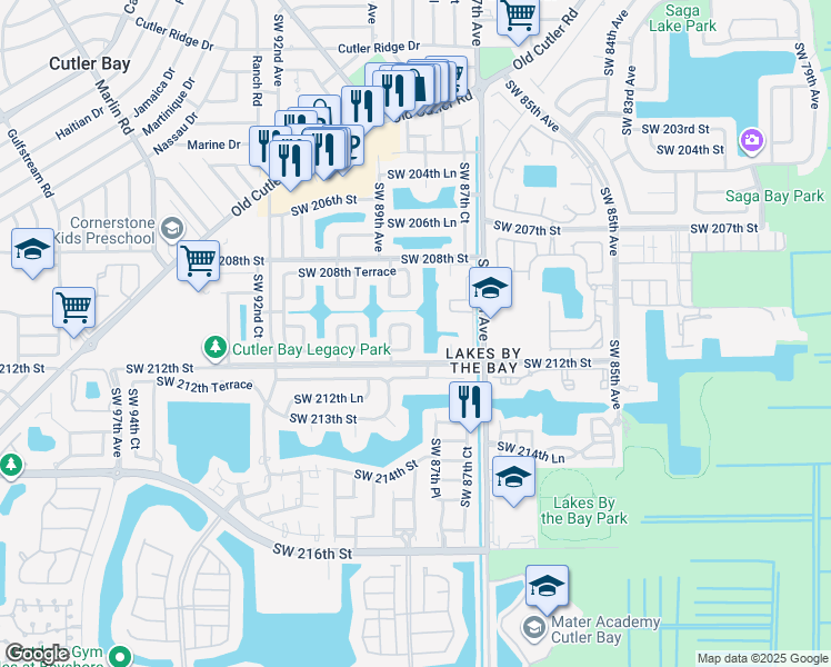 map of restaurants, bars, coffee shops, grocery stores, and more near 21031 Southwest 88th Court in Cutler Bay
