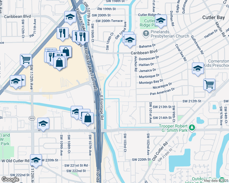 map of restaurants, bars, coffee shops, grocery stores, and more near 10393 Southwest 209th Lane in Cutler Bay