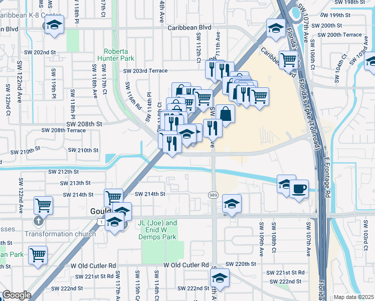 map of restaurants, bars, coffee shops, grocery stores, and more near 11371 Southwest 211 Street in Miami