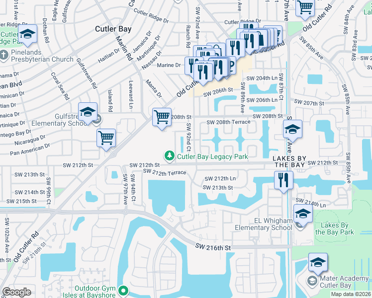 map of restaurants, bars, coffee shops, grocery stores, and more near 21021 Southwest 92nd Court in Cutler Bay