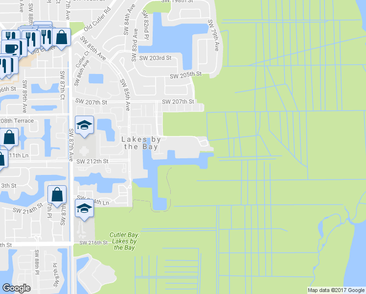 map of restaurants, bars, coffee shops, grocery stores, and more near 8160 Southwest 210th Street in Cutler Bay