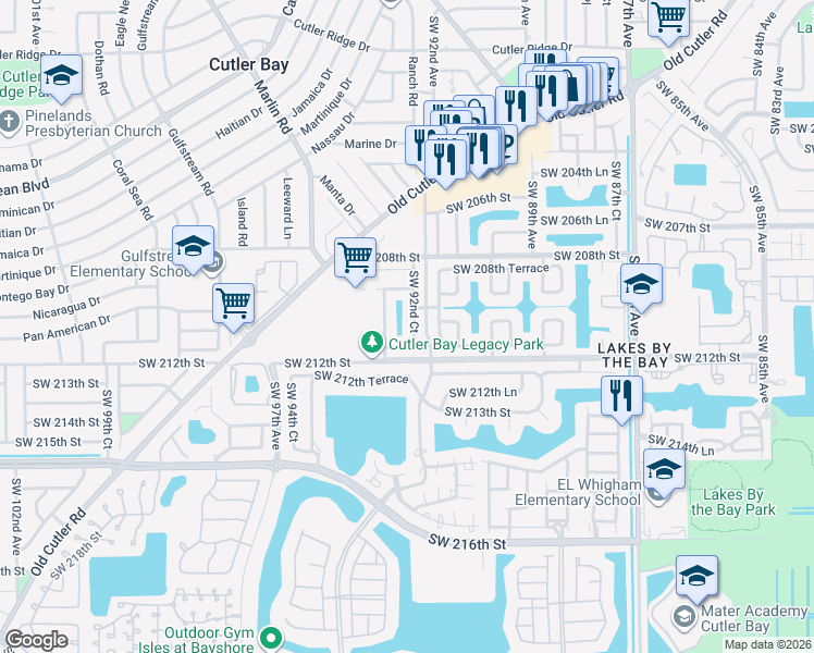 map of restaurants, bars, coffee shops, grocery stores, and more near 21021 Southwest 92nd Court in Cutler Bay