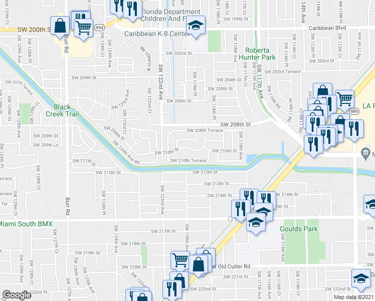 map of restaurants, bars, coffee shops, grocery stores, and more near 12011 Southwest 210th Street in Miami