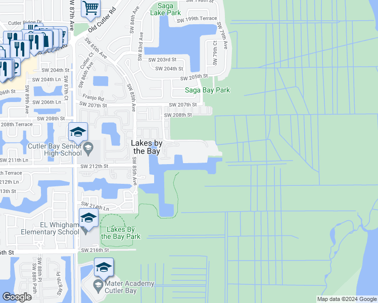 map of restaurants, bars, coffee shops, grocery stores, and more near 8160 Southwest 210th Street in Cutler Bay