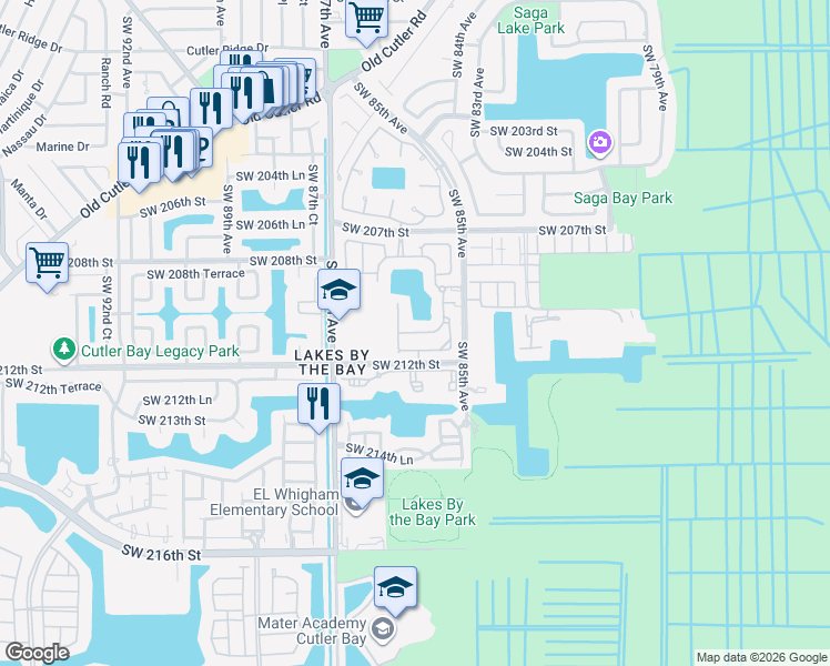 map of restaurants, bars, coffee shops, grocery stores, and more near 8576 Southwest 210th Terrace in Miami