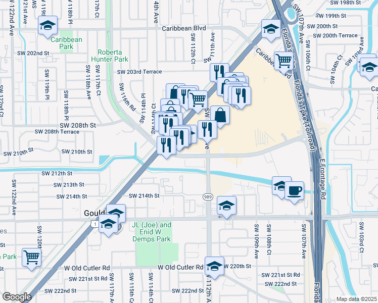 map of restaurants, bars, coffee shops, grocery stores, and more near 11371 Southwest 211 Street in Miami