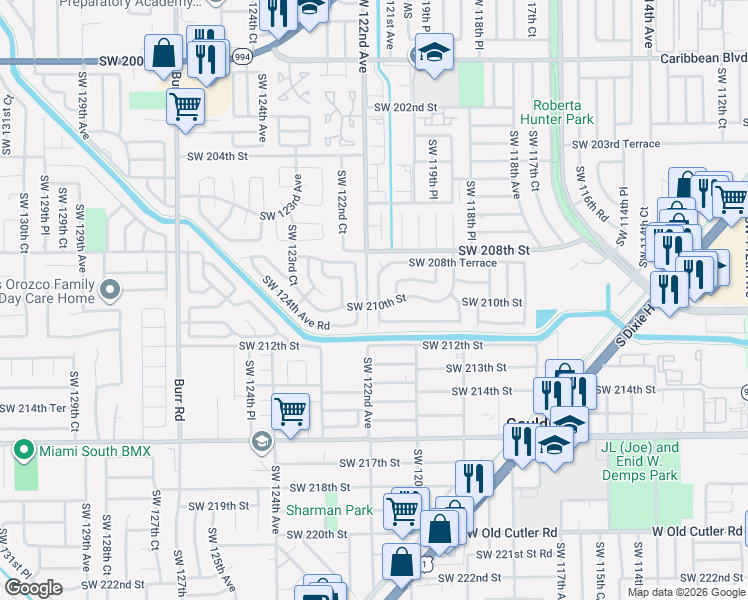 map of restaurants, bars, coffee shops, grocery stores, and more near 20960 Southwest 121st Avenue in Miami