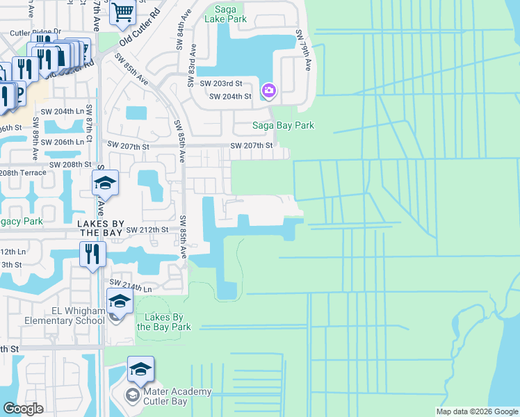 map of restaurants, bars, coffee shops, grocery stores, and more near 8160 Southwest 210th Street in Cutler Bay