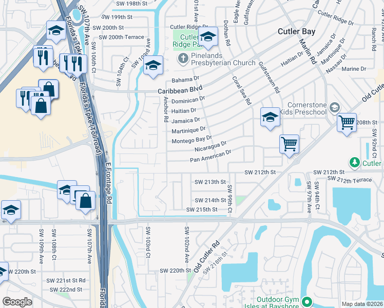 map of restaurants, bars, coffee shops, grocery stores, and more near 10045 Nicaragua Drive in Cutler Bay