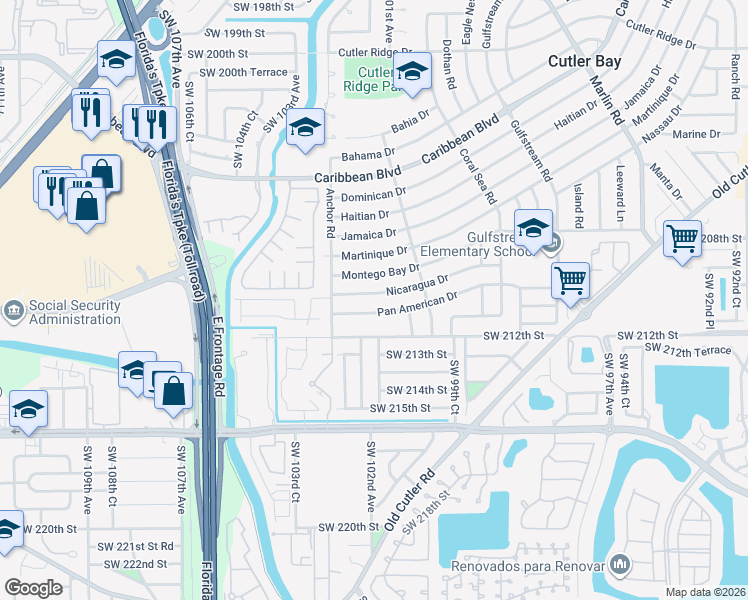 map of restaurants, bars, coffee shops, grocery stores, and more near 10225 Nicaragua Drive in Cutler Bay