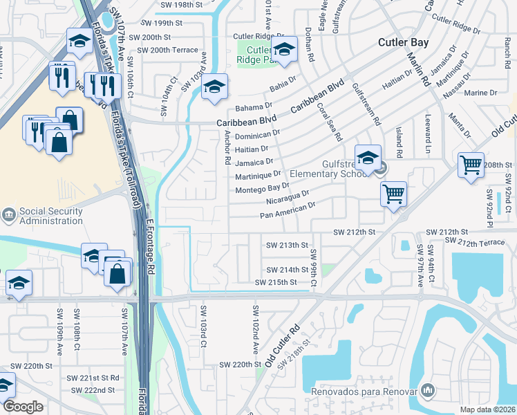 map of restaurants, bars, coffee shops, grocery stores, and more near 10225 Nicaragua Drive in Cutler Bay