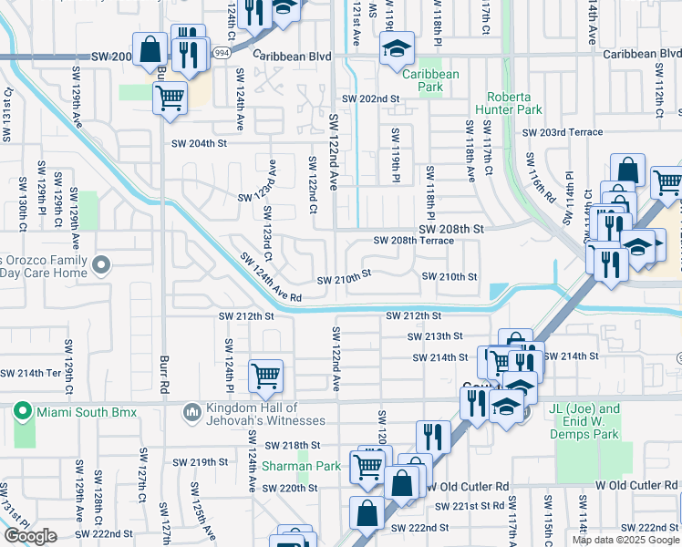 map of restaurants, bars, coffee shops, grocery stores, and more near 20960 Southwest 121st Avenue in Miami