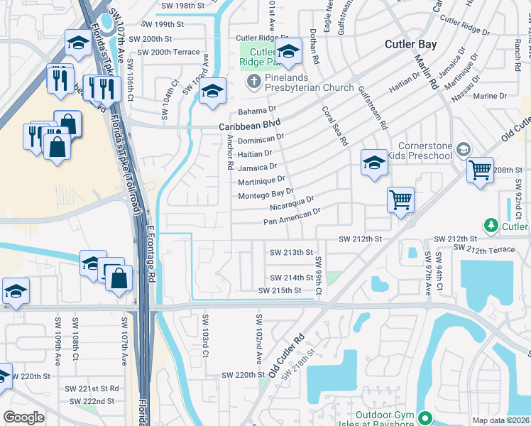 map of restaurants, bars, coffee shops, grocery stores, and more near 10045 Nicaragua Drive in Cutler Bay