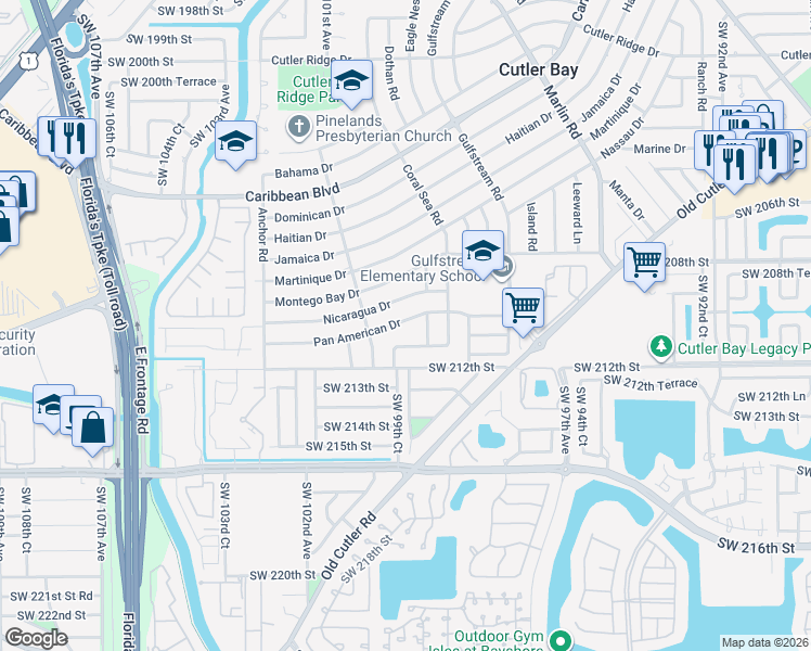 map of restaurants, bars, coffee shops, grocery stores, and more near 9905 Pan American Drive in Cutler Bay