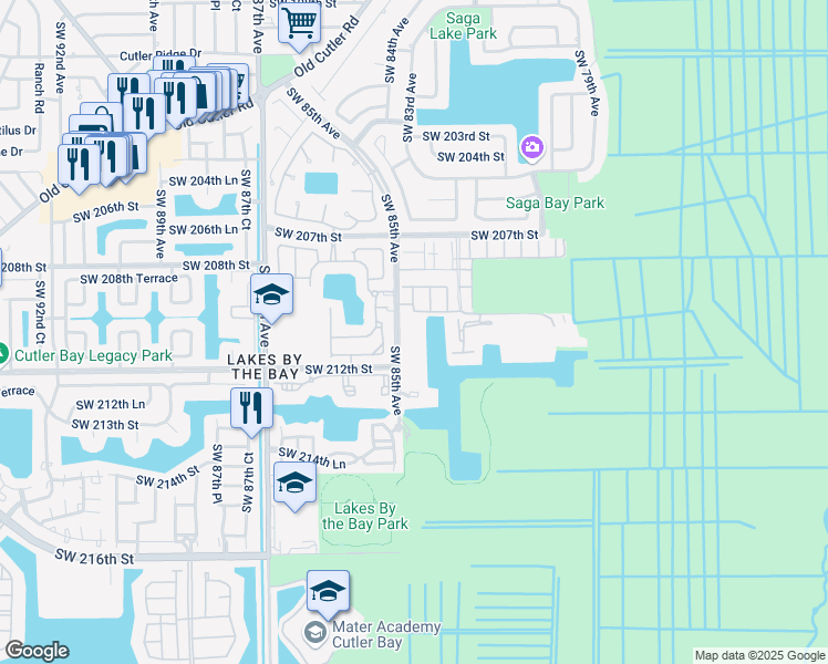 map of restaurants, bars, coffee shops, grocery stores, and more near 21121 Southwest 85th Avenue in Cutler Bay