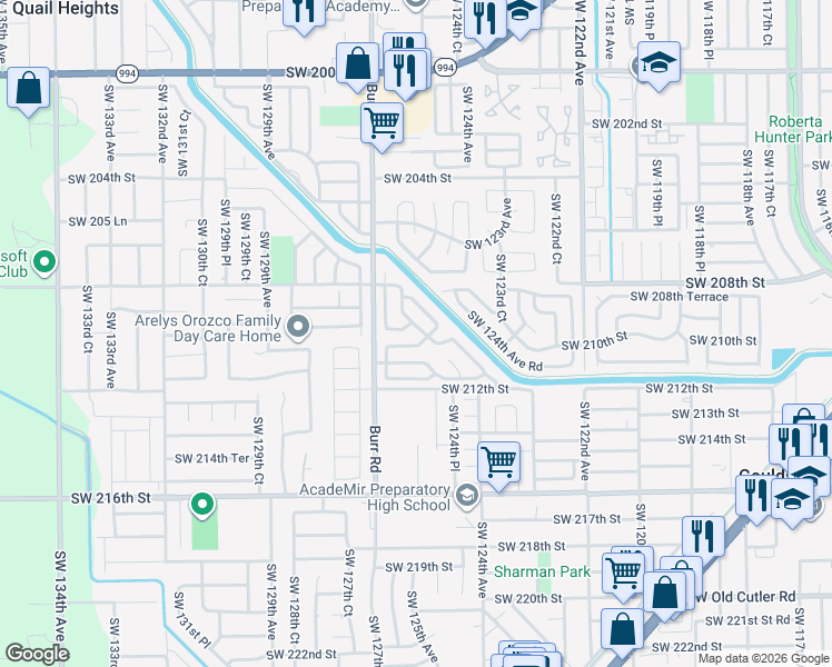 map of restaurants, bars, coffee shops, grocery stores, and more near 21000 Southwest 125th Court Road in Miami