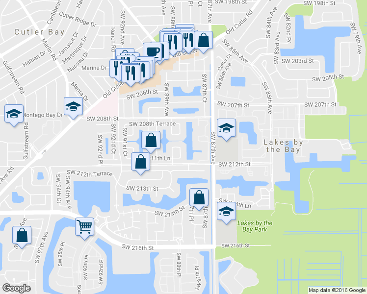 map of restaurants, bars, coffee shops, grocery stores, and more near 21031 Southwest 88th Court in Cutler Bay