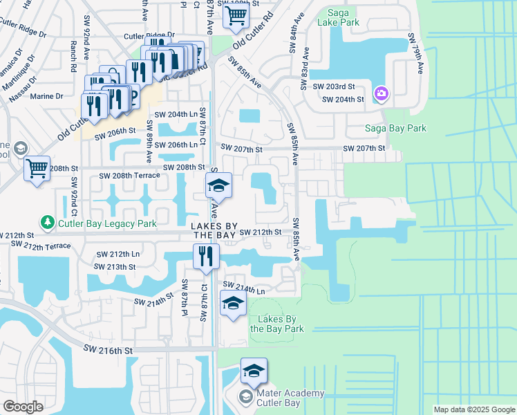 map of restaurants, bars, coffee shops, grocery stores, and more near 8601 Southwest 212th Street in Cutler Bay
