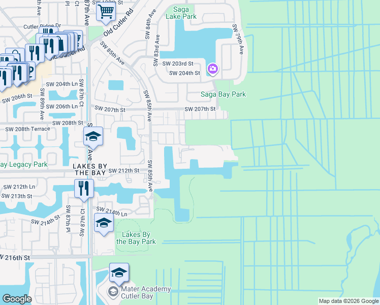 map of restaurants, bars, coffee shops, grocery stores, and more near 8200 Southwest 210th Street in Cutler Bay