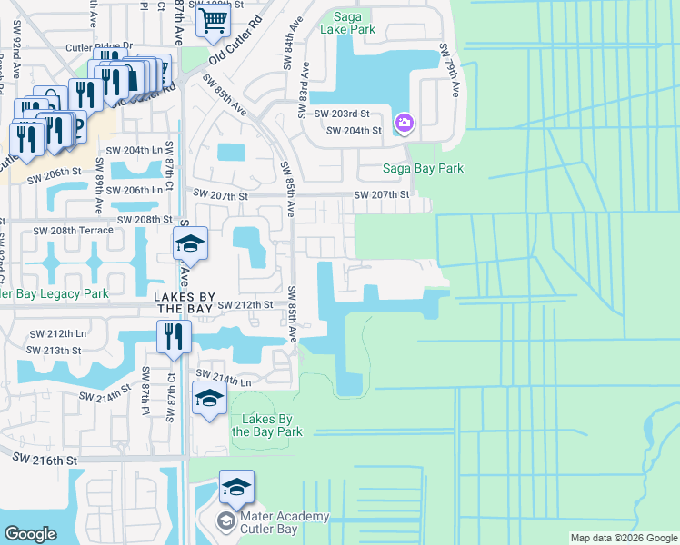 map of restaurants, bars, coffee shops, grocery stores, and more near 21121 Southwest 85th Avenue in Cutler Bay