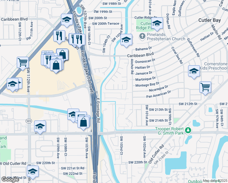 map of restaurants, bars, coffee shops, grocery stores, and more near 10393 Southwest 209th Lane in Cutler Bay