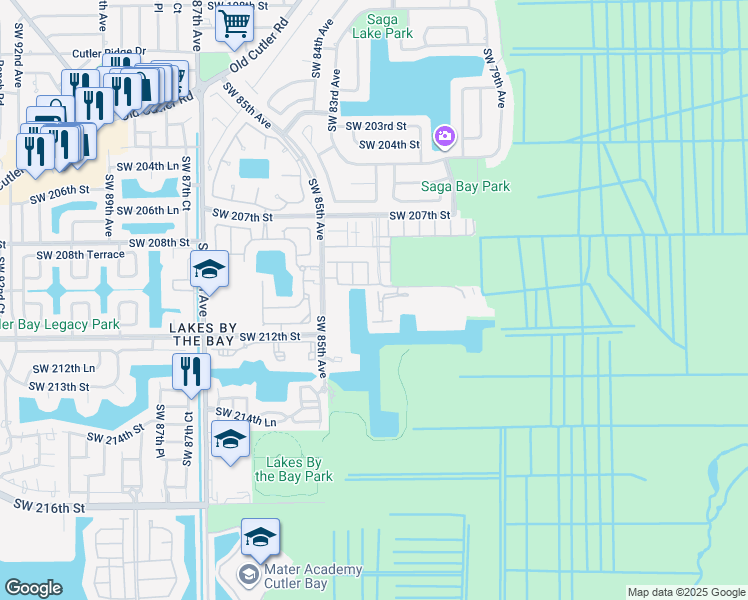 map of restaurants, bars, coffee shops, grocery stores, and more near 21121 Southwest 85th Avenue in Cutler Bay