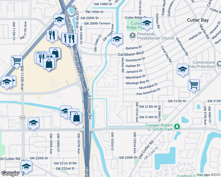 map of restaurants, bars, coffee shops, grocery stores, and more near 10377 Southwest 210th Terrace in Cutler Bay