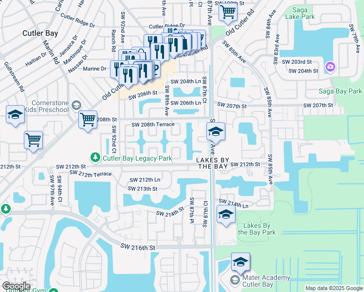 map of restaurants, bars, coffee shops, grocery stores, and more near 8825 Southwest 210th Terrace in Cutler Bay