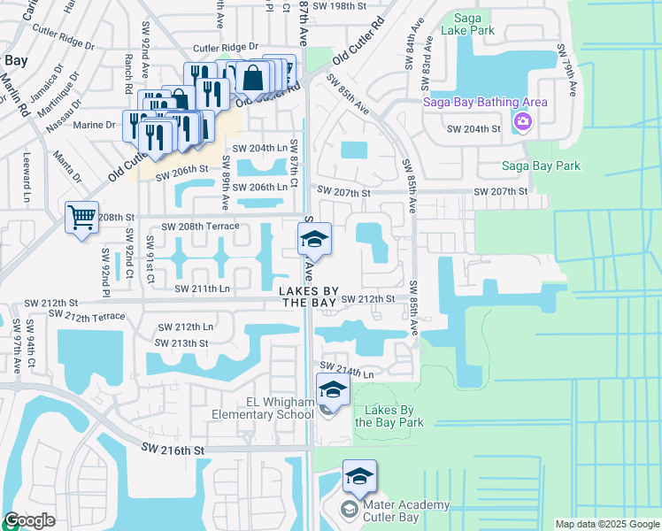 map of restaurants, bars, coffee shops, grocery stores, and more near 8601 Southwest 212th Street in Cutler Bay