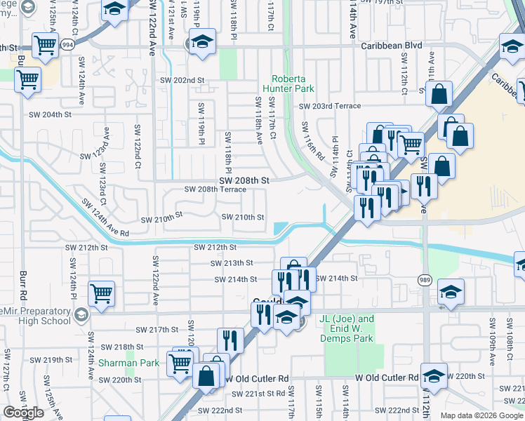 map of restaurants, bars, coffee shops, grocery stores, and more near 20932 Southwest 118th Avenue in Miami