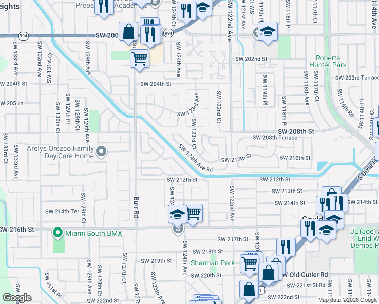 map of restaurants, bars, coffee shops, grocery stores, and more near 20957 Southwest 124th Avenue Road in Miami