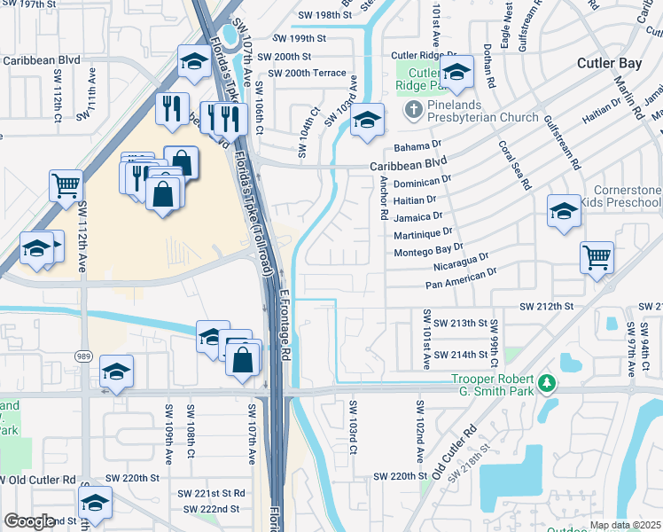 map of restaurants, bars, coffee shops, grocery stores, and more near 10393 Southwest 209th Lane in Cutler Bay